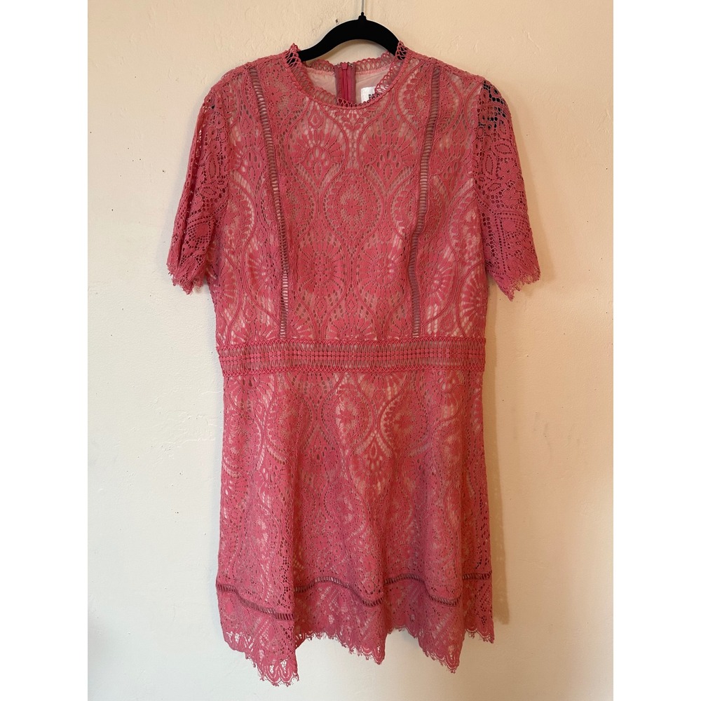 BB Dakota RSVP Pink Lace Cocktail Dress Size 14 Short Sleeve Eyelash Hem Mini
